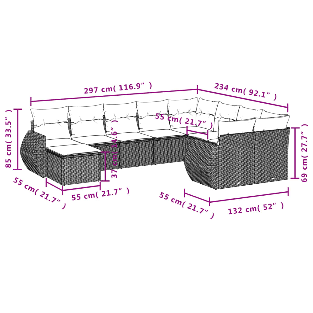 10 Pcs conjunto sofás de jardim c/ almofadões vime PE preto