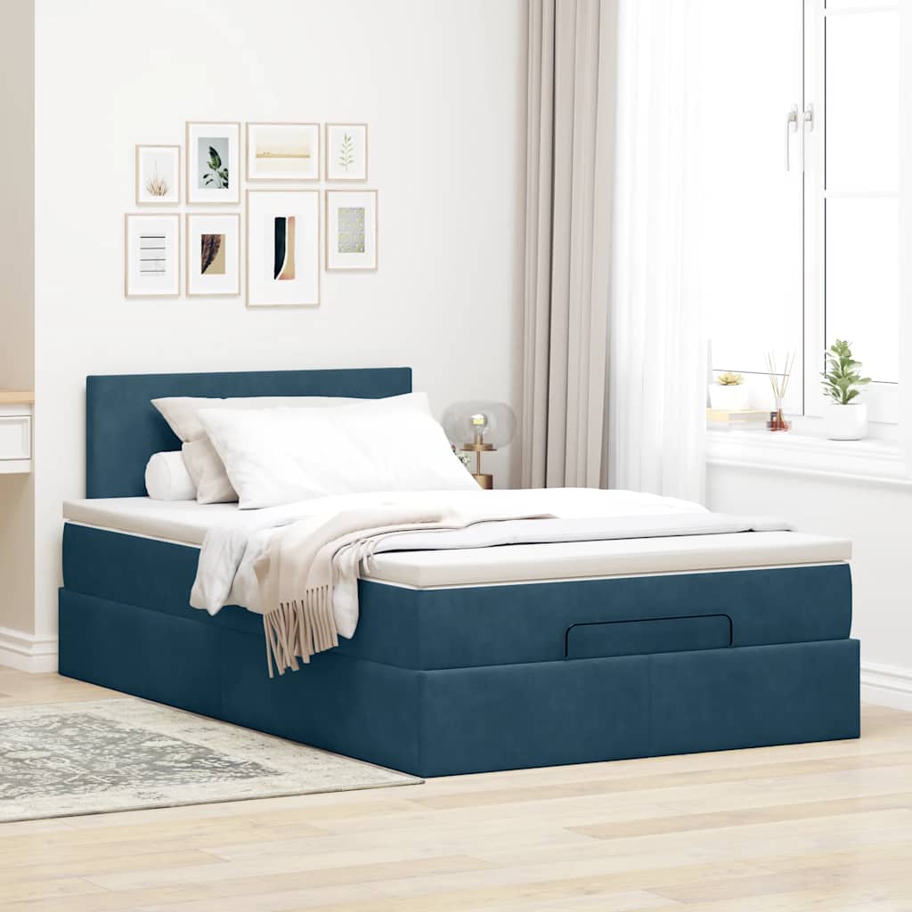 Cama otomana com colchão & leds 120x190cm veludo azul-escuro