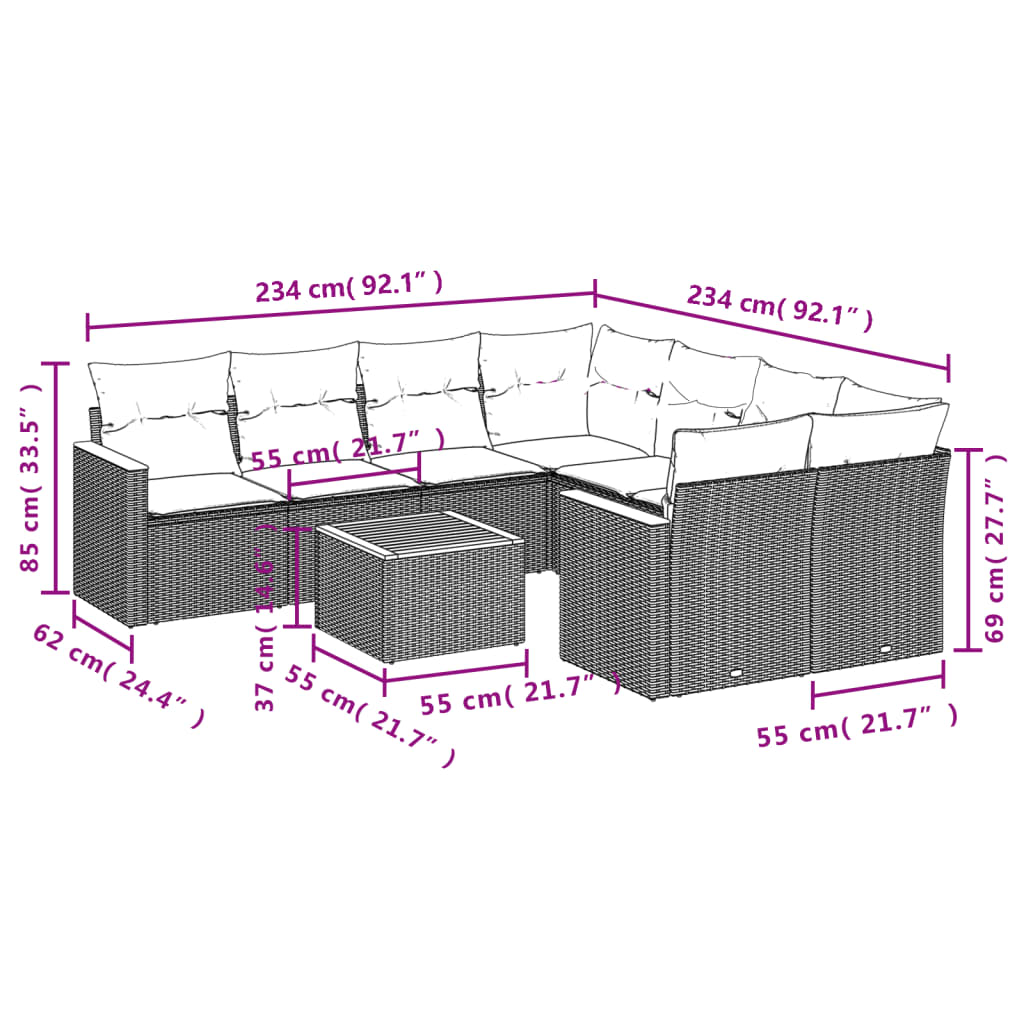9 Pcs conjunto sofás p/ jardim com almofadões vime PE cinzento