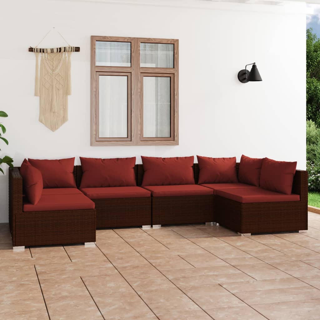 6 Pcs conjunto lounge jardim c/ almofadões vime PE castanho