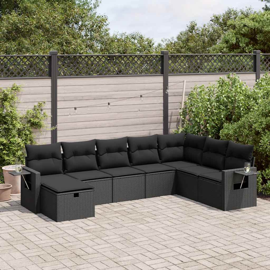 8 Pcs conjunto sofás de jardim com almofadões vime PE preto