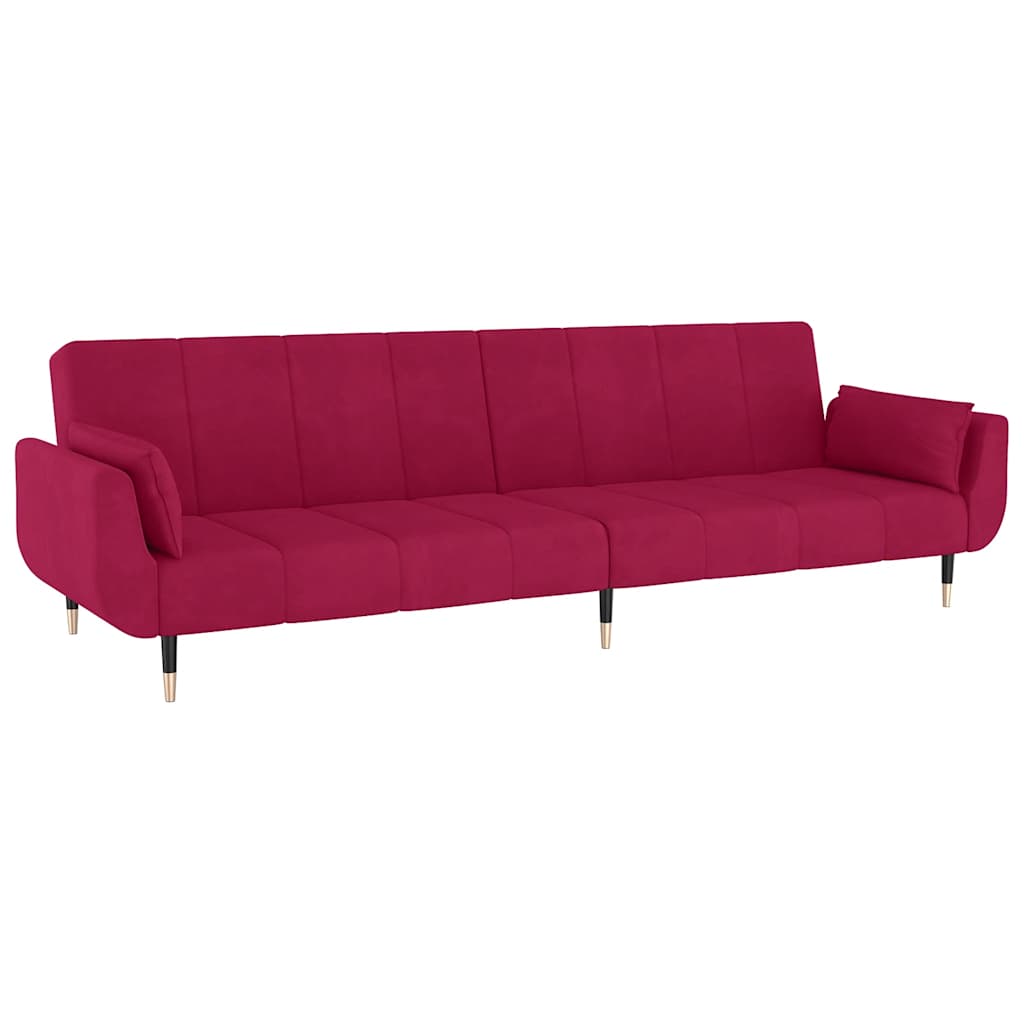 Sofá-cama 2 lugares com duas almofadas veludo vermelho tinto
