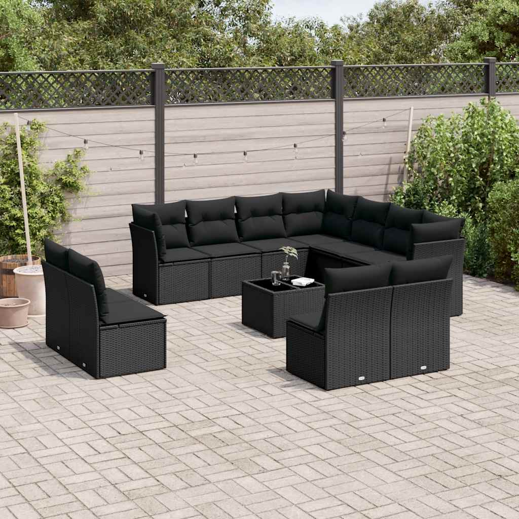12 Pcs conjunto de sofás de jardim c/ almofadões vime PE preto