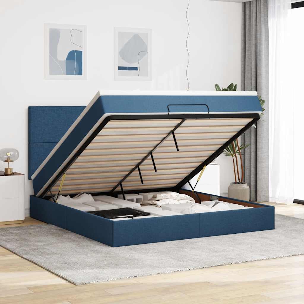Estrutura de cama otomana com tecido azul colchão 180x200cm
