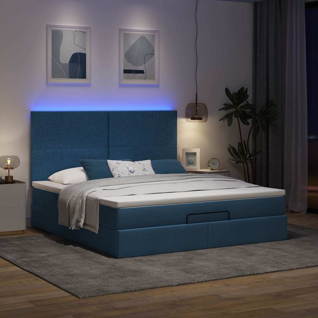 Estrutura de cama otomana com tecido azul colchão 180x200cm