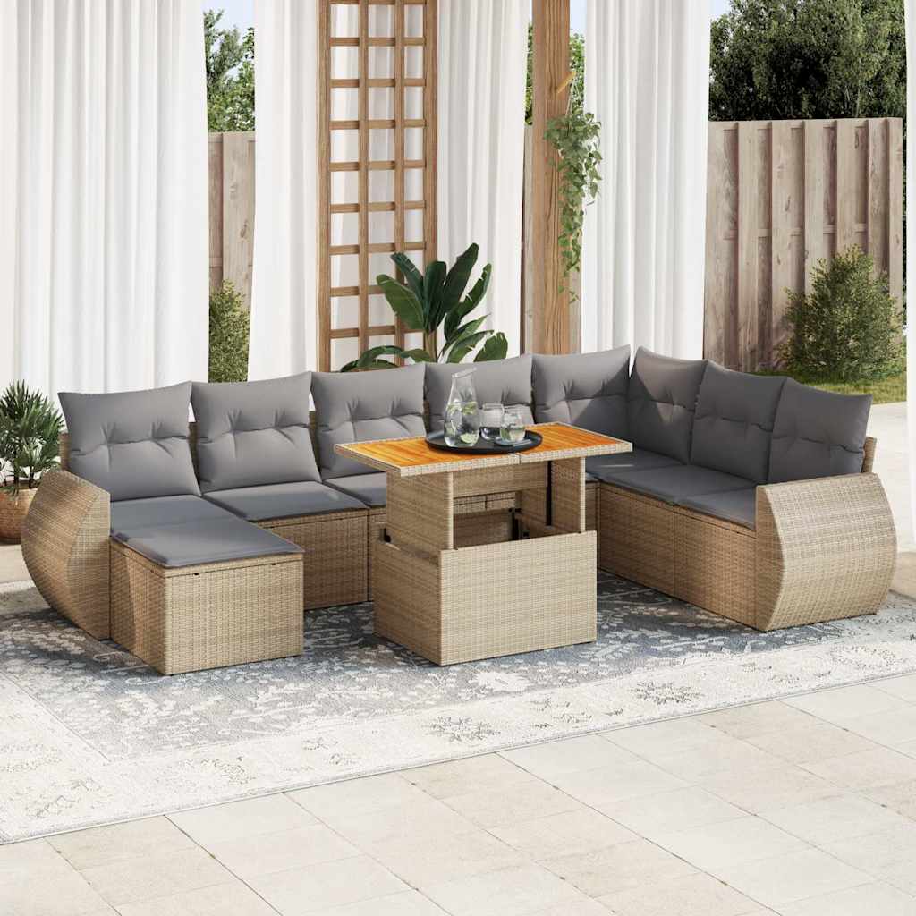 9 Pcs conjunto de sofás p/ jardim com almofadões vime PE bege