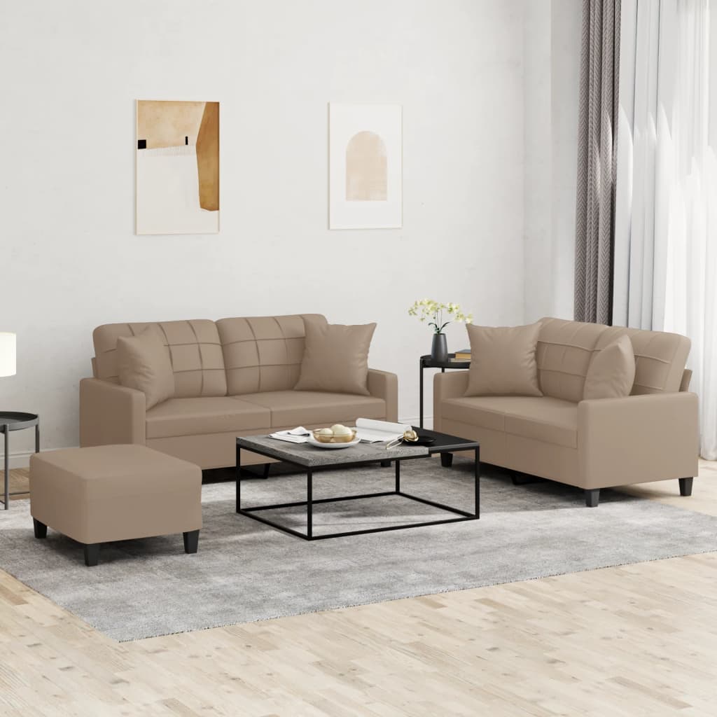 3 Pcs conjunto sofás c/ almofadas couro artificial cappuccino