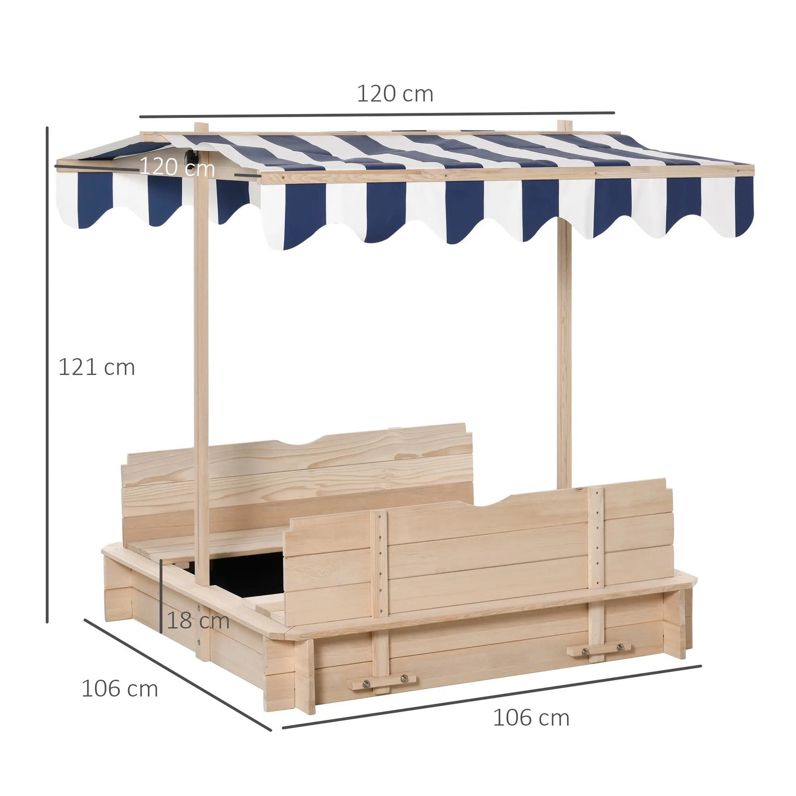 Caixa de Areia de Madeira para Crianças acima de 3 Anos com Banco e Toldo Ajustável Carga 50kg 106x106x121cm Madeira