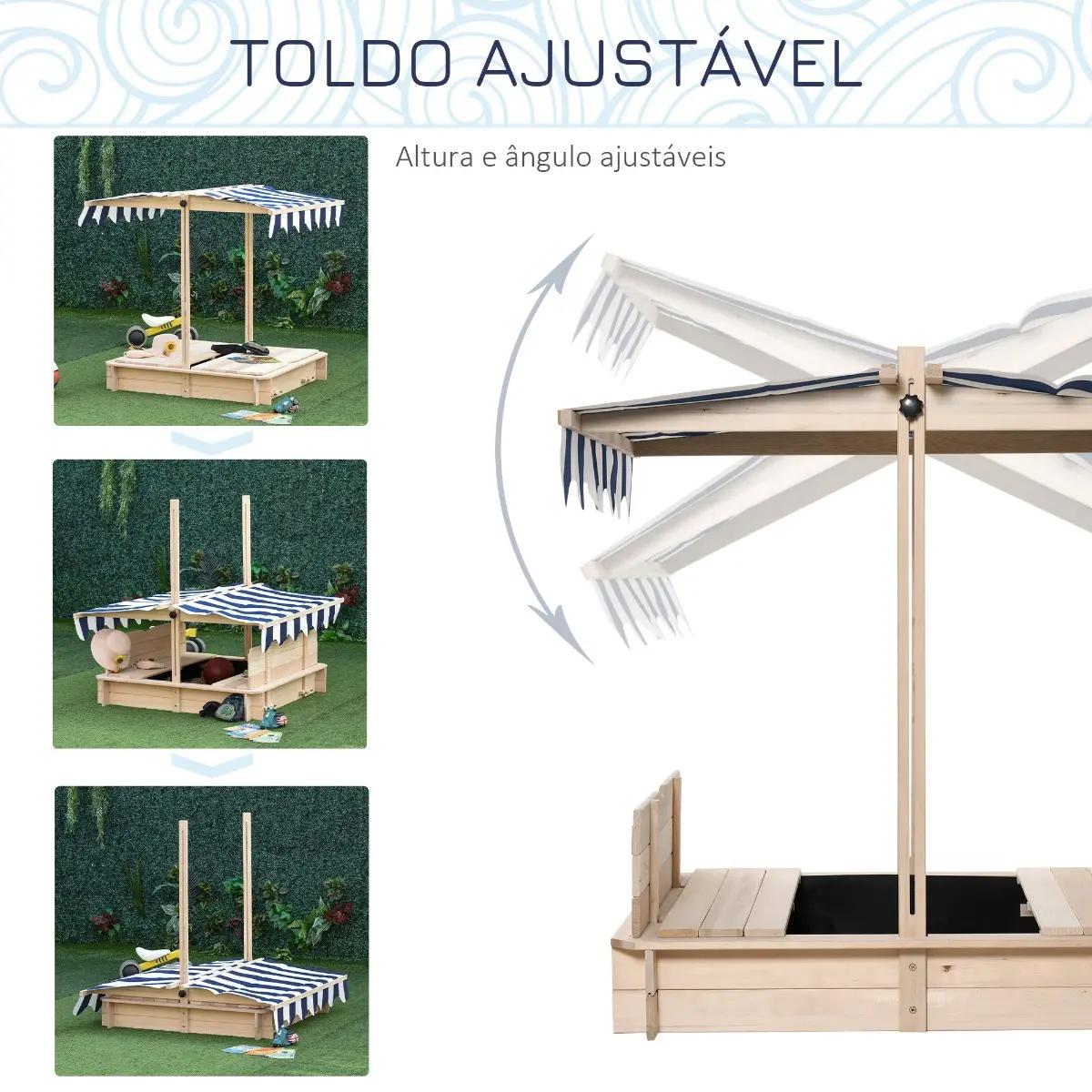 Caixa de Areia de Madeira para Crianças acima de 3 Anos com Banco e Toldo Ajustável Carga 50kg 106x106x121cm Madeira