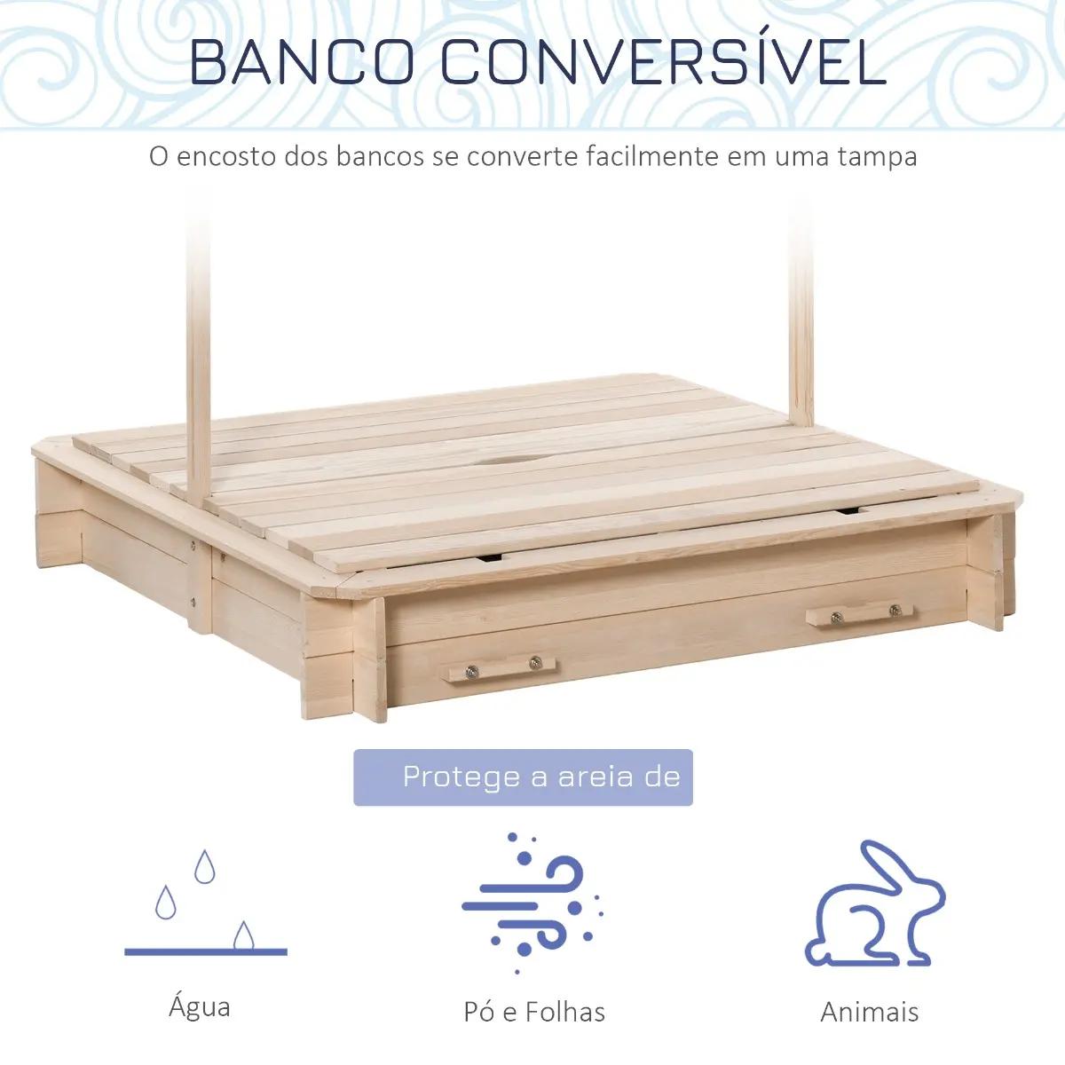 Caixa de Areia de Madeira para Crianças acima de 3 Anos com Banco e Toldo Ajustável Carga 50kg 106x106x121cm Madeira
