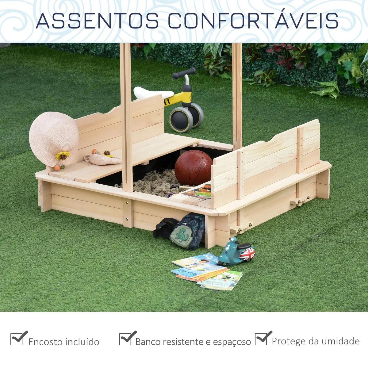 Caixa de Areia de Madeira para Crianças acima de 3 Anos com Banco e Toldo Ajustável Carga 50kg 106x106x121cm Madeira