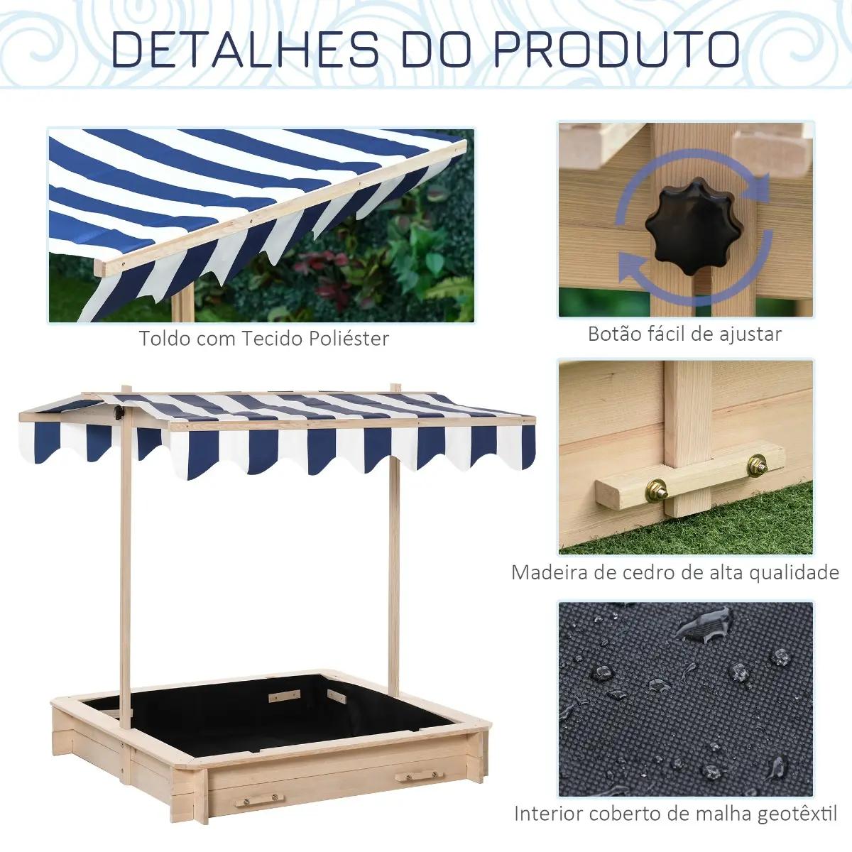Caixa de Areia de Madeira para Crianças acima de 3 Anos com Banco e Toldo Ajustável Carga 50kg 106x106x121cm Madeira