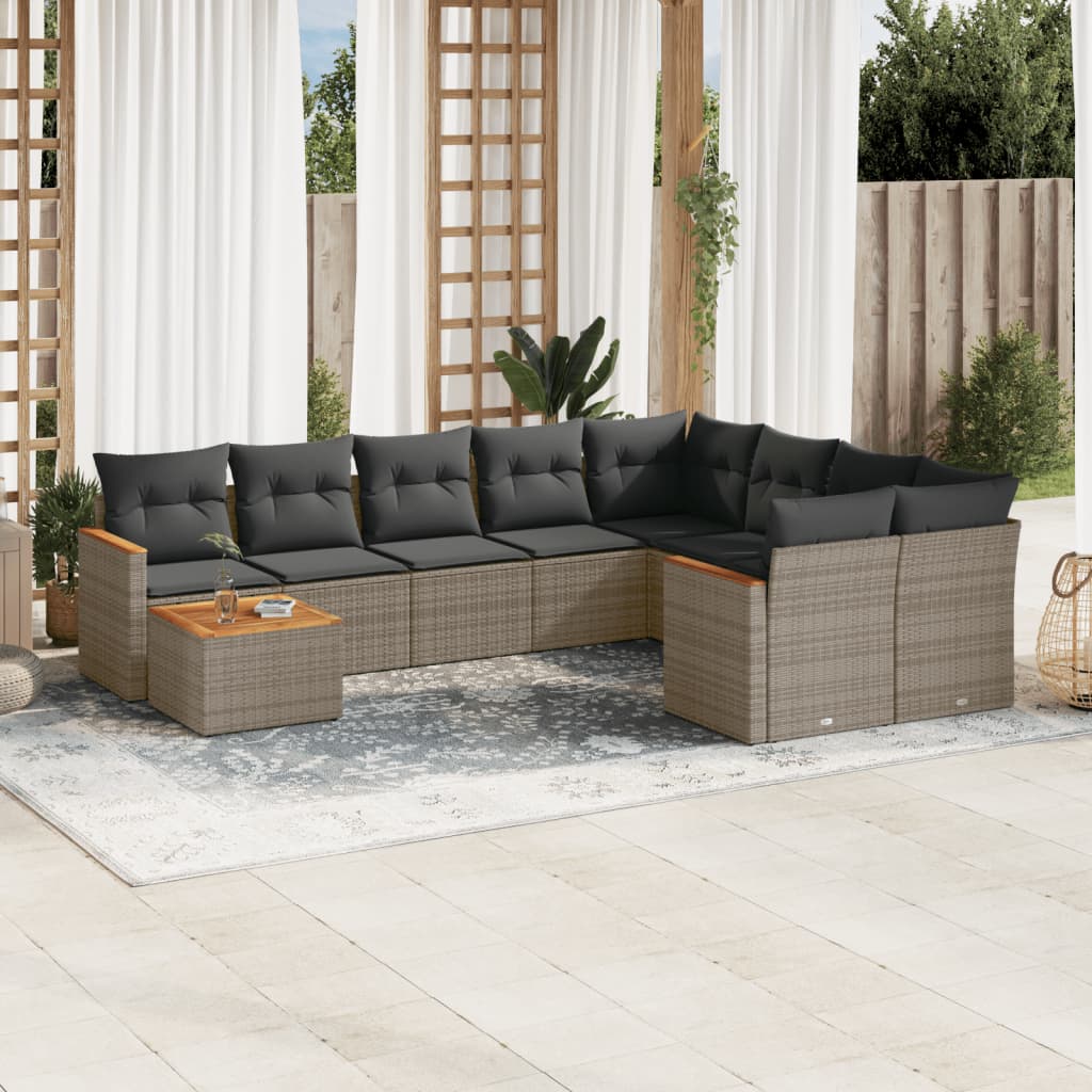 10 Pcs conjunto sofás de jardim c/ almofadões vime PE cinzento