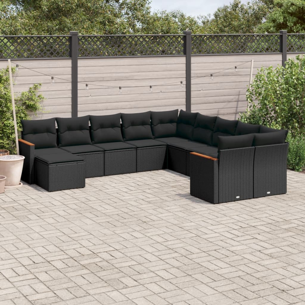 11 Pcs conjunto sofás de jardim c/ almofadões vime PE preto