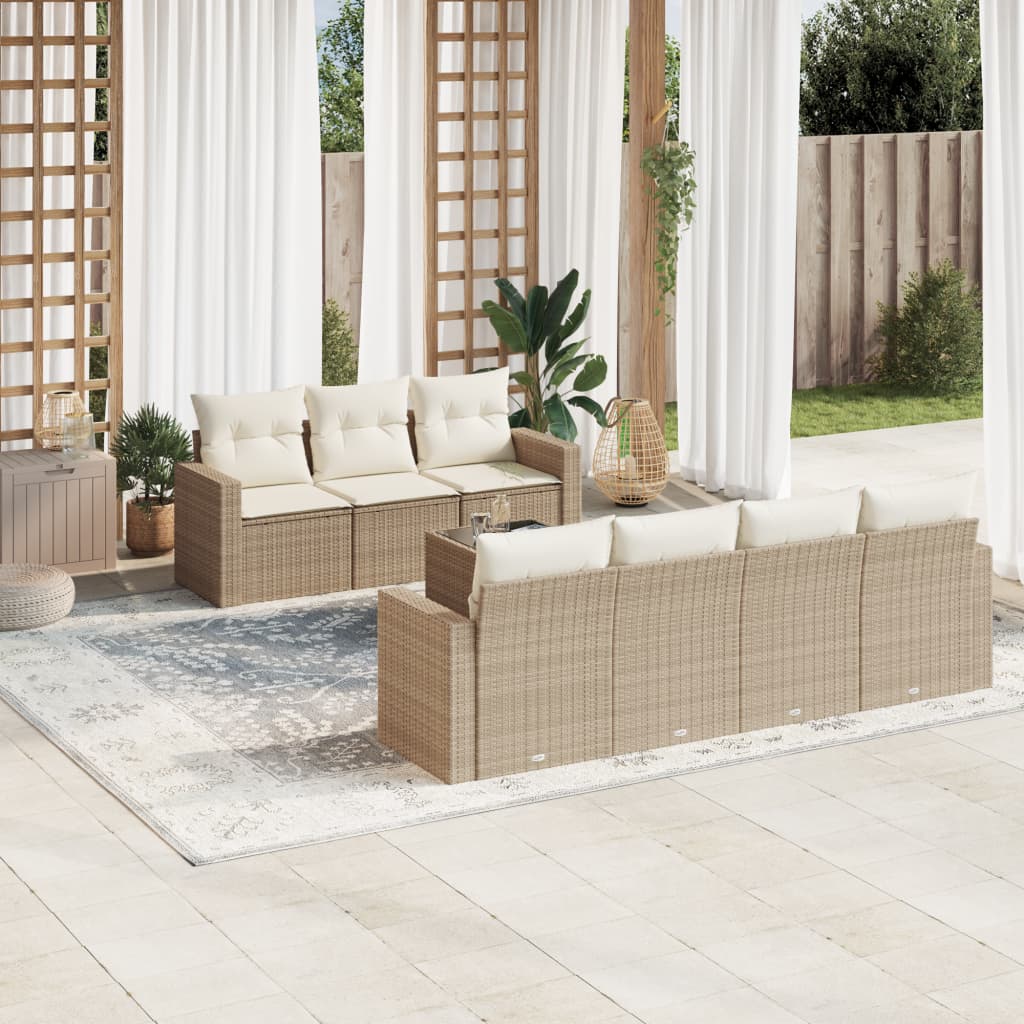 8 Pcs conjunto de sofás p/ jardim com almofadões vime PE bege