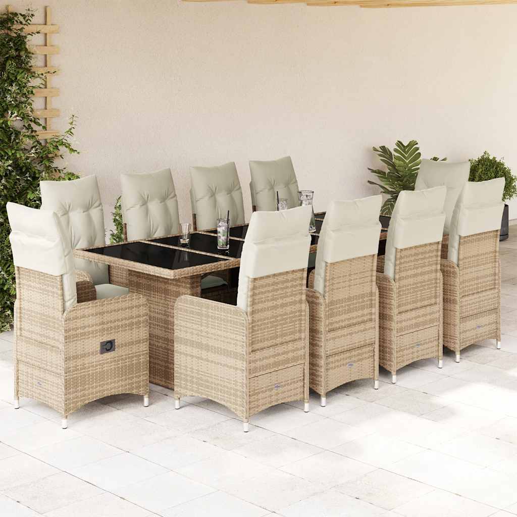 11 Pcs conjunto de bistrô p/ jardim c/ almofadões vime PE bege