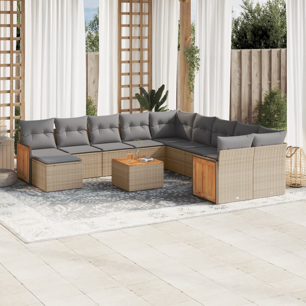 12 Pcs conjunto de sofás p/ jardim com almofadões vime PE bege