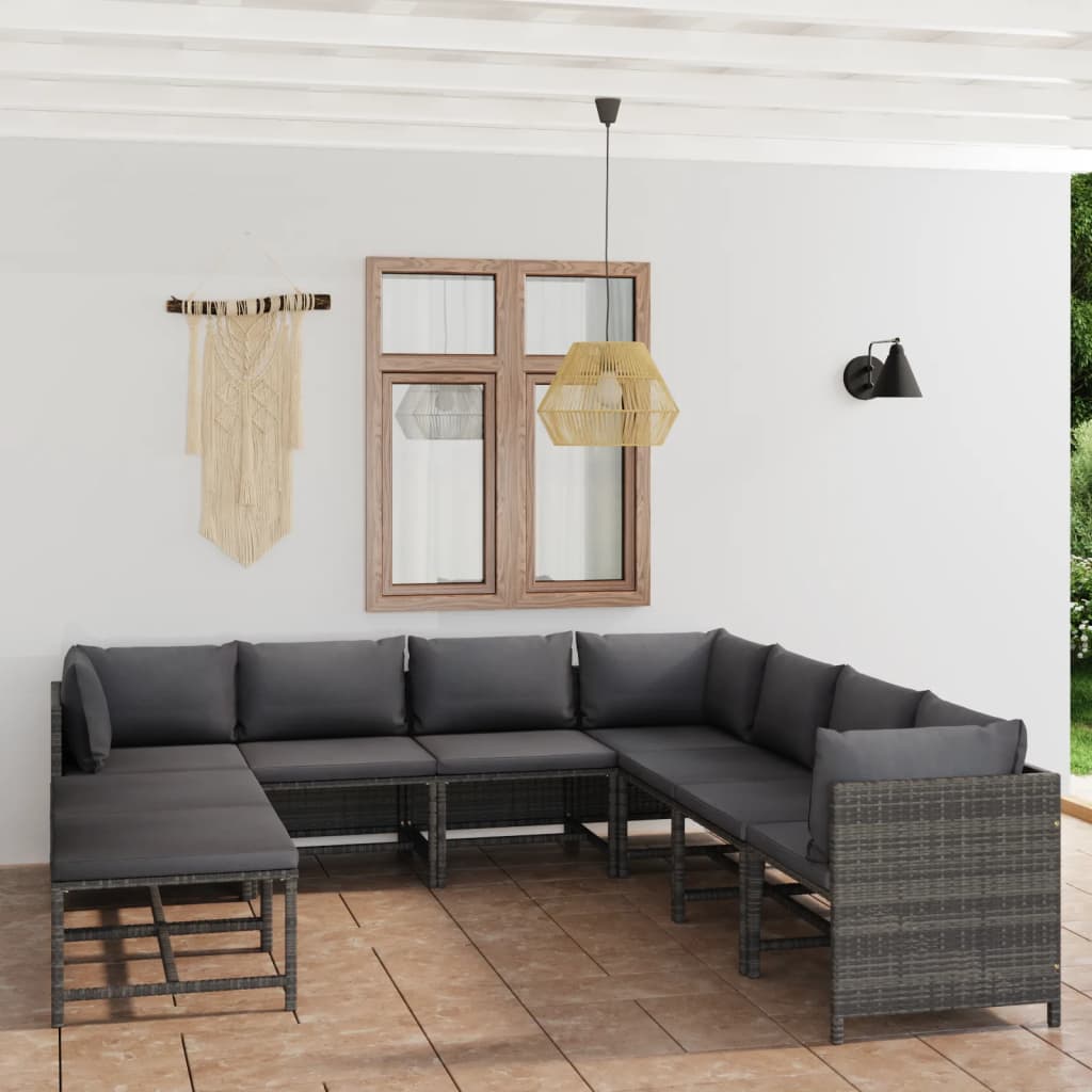9 Pcs conjunto lounge de jardim c/ almofadões vime PE cinzento