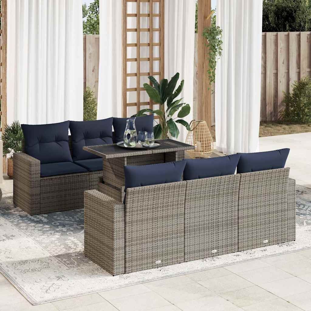 7 Pcs conjunto sofás jardim almofadões vime PE/acácia cinzento