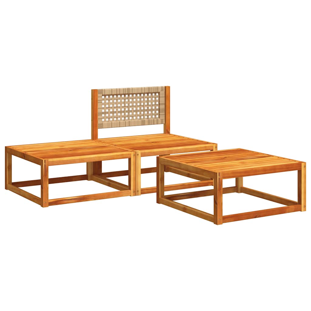 Conjunto de sofás de jardim de 3 peças com almofadas de madeira de acácia e vime