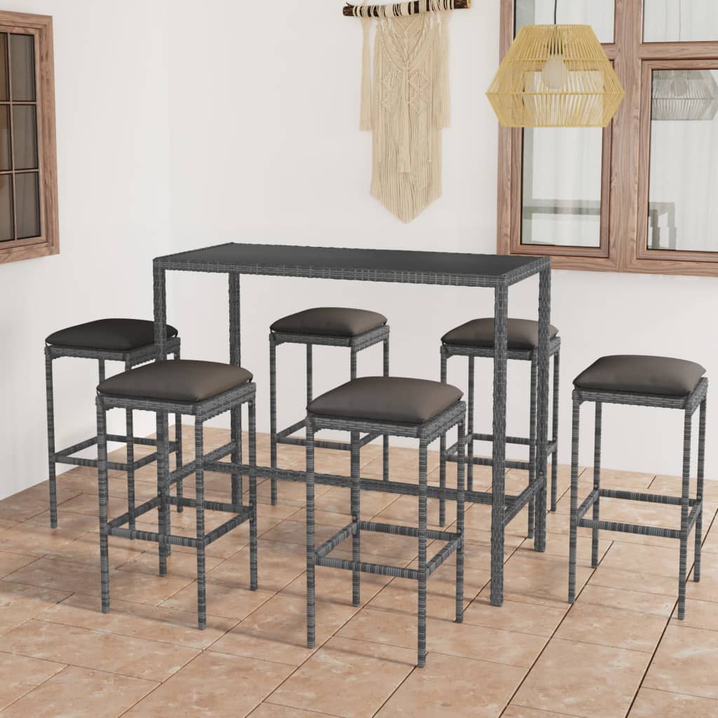 7 Pcs conjunto de bar p/ jardim c/ almofadões vime PE cinzento