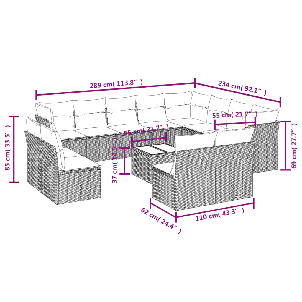 13 Pcs conjunto de sofás p/ jardim com almofadões vime PE bege