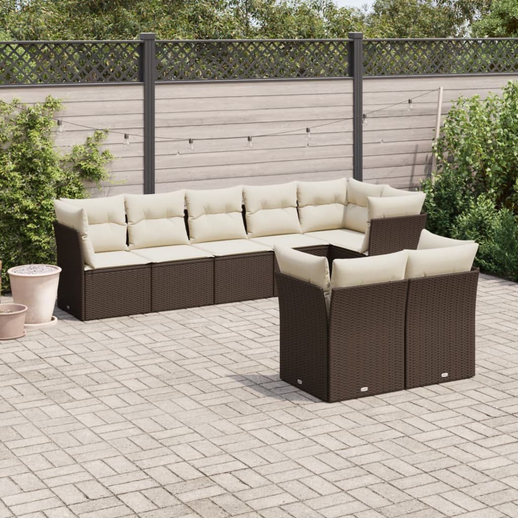 8 Pcs conjunto sofás de jardim c/ almofadões vime PE castanho