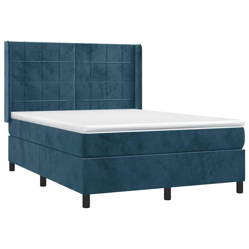 Cama box spring c/ colchão/LED 140x190 cm veludo azul-escuro