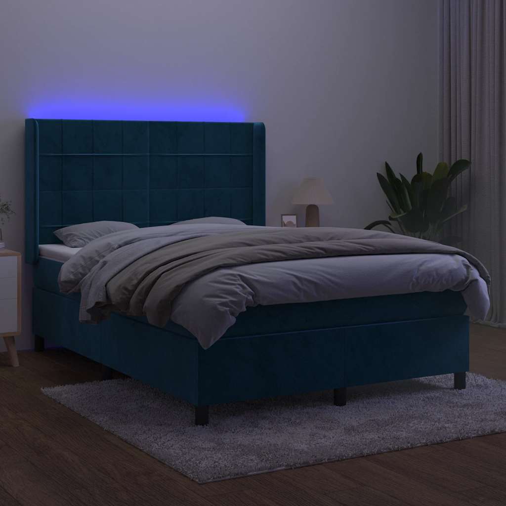 Cama box spring c/ colchão/LED 140x190 cm veludo azul-escuro