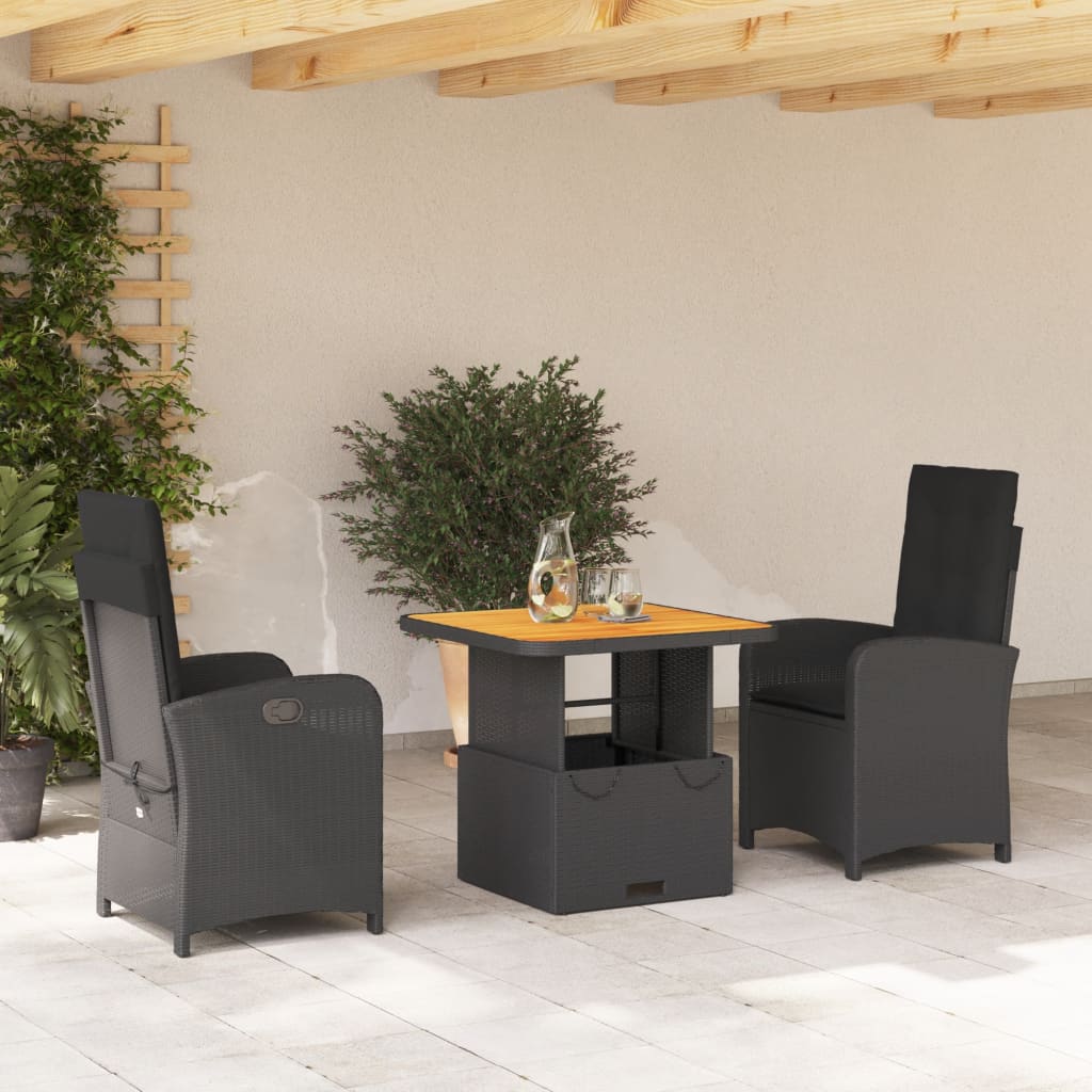 3 Pcs conjunto de jantar p/ jardim c/ almofadões vime PE preto