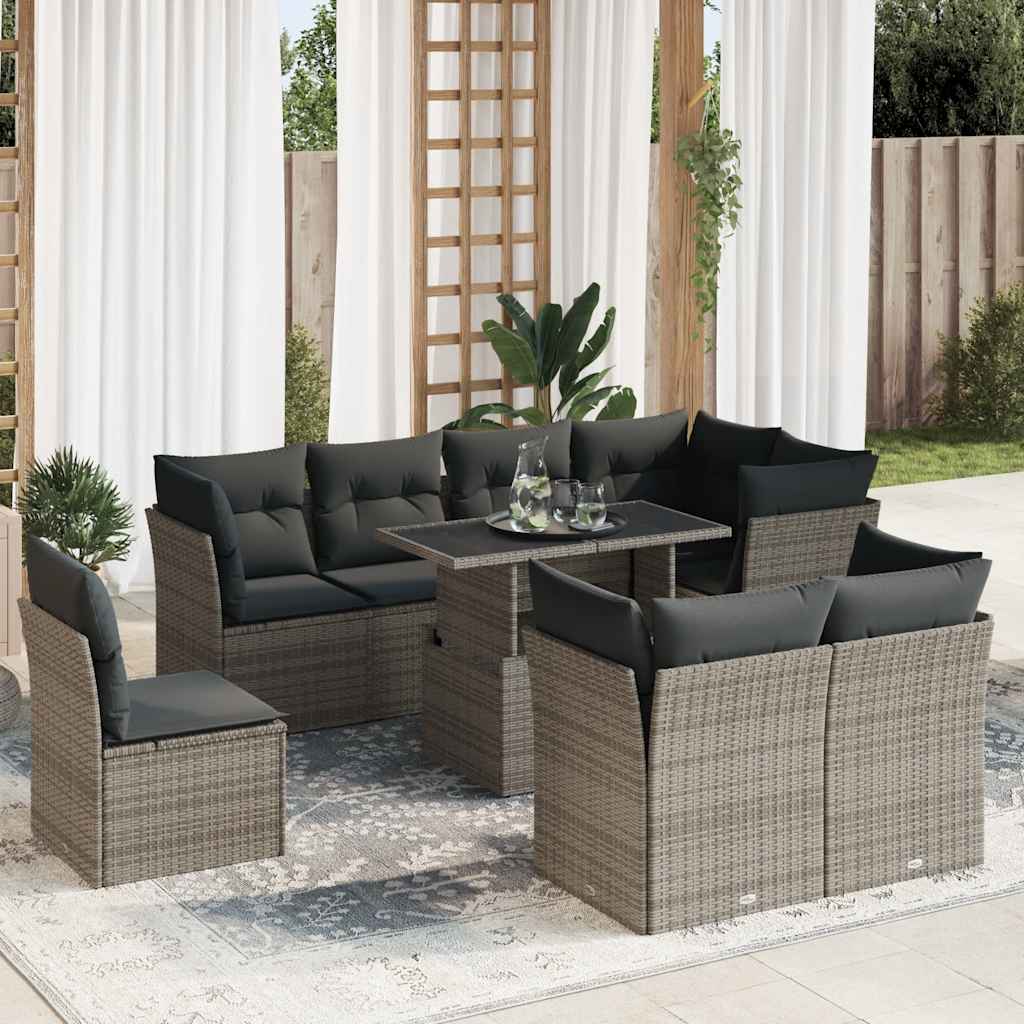 9 Pcs conjunto sofás p/ jardim com almofadões vime PE cinzento