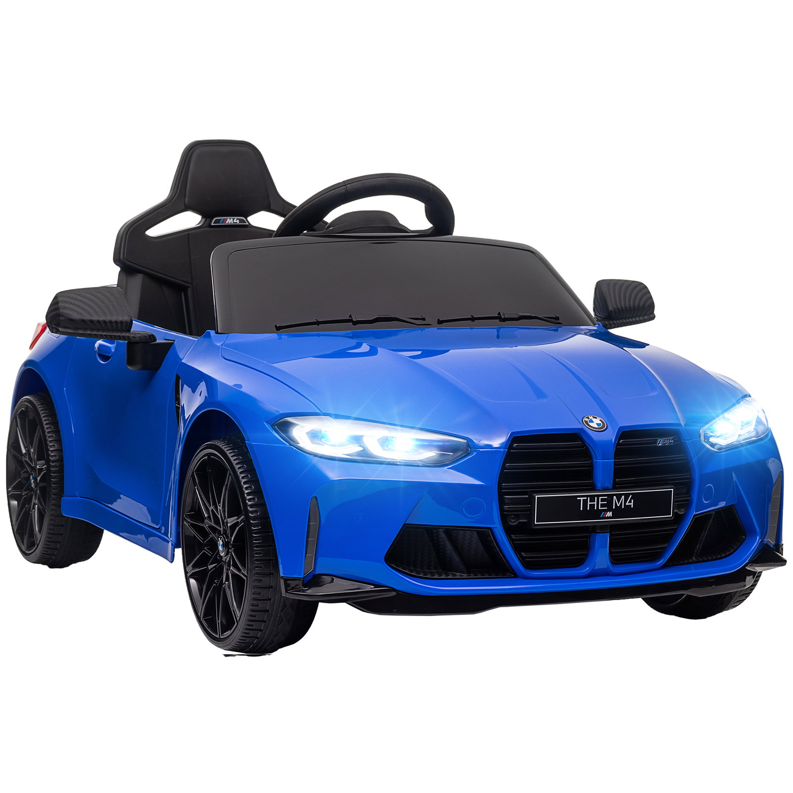 Carro elétrico para crianças bmw m4 12v com controlo remoto faróis buzina música e velocidade 3-5 km/h 108x69,5x51 cm azul
