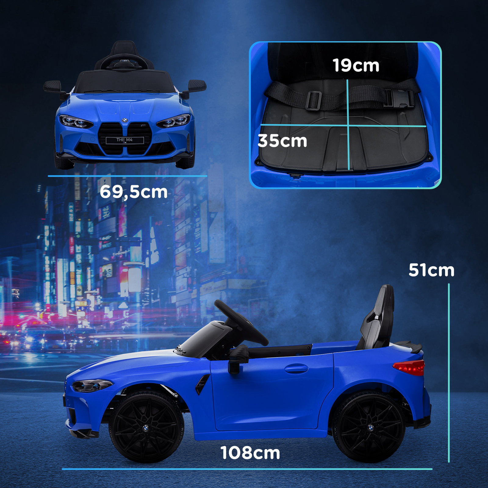 Carro elétrico para crianças bmw m4 12v com controlo remoto faróis buzina música e velocidade 3-5 km/h 108x69,5x51 cm azul