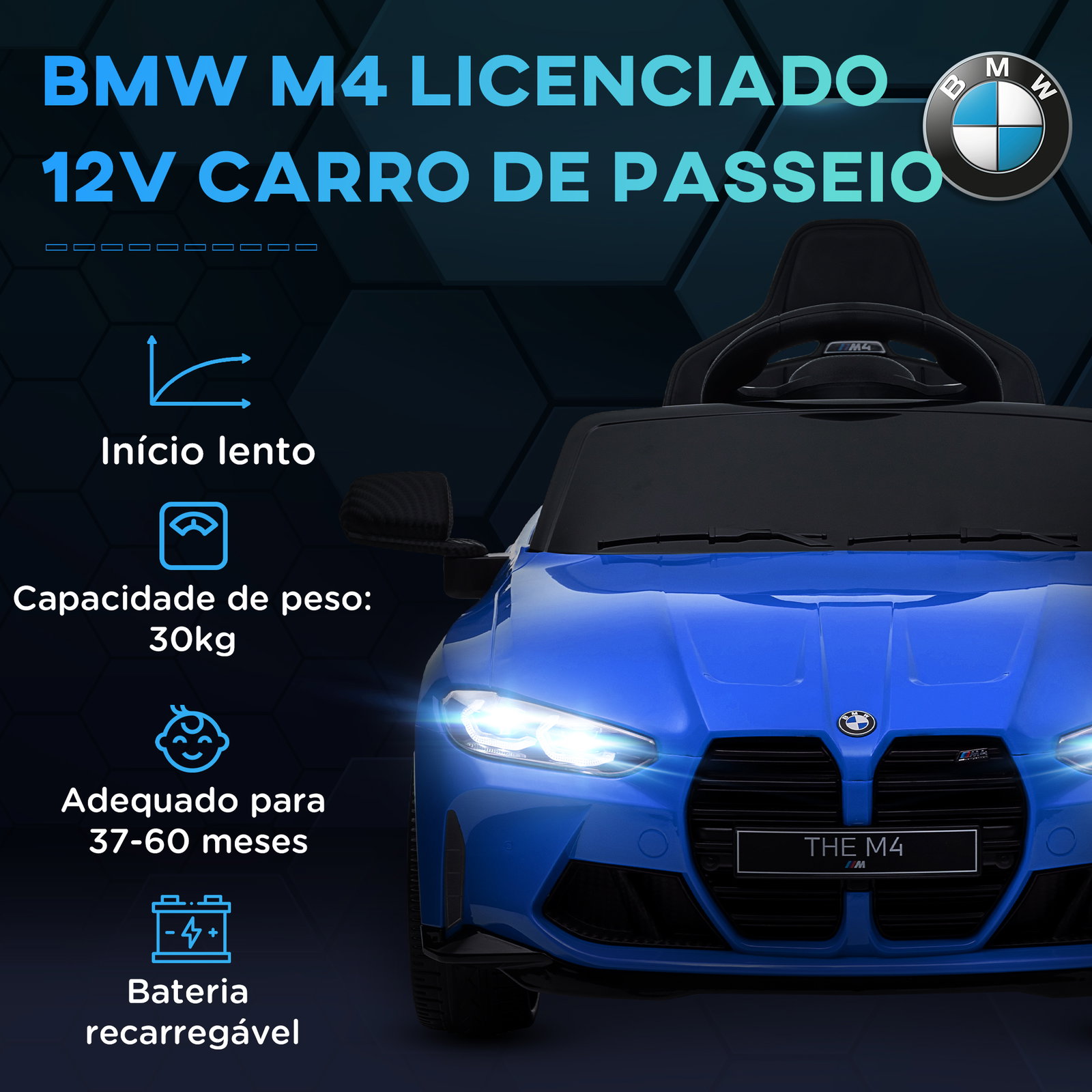 Carro elétrico para crianças bmw m4 12v com controlo remoto faróis buzina música e velocidade 3-5 km/h 108x69,5x51 cm azul