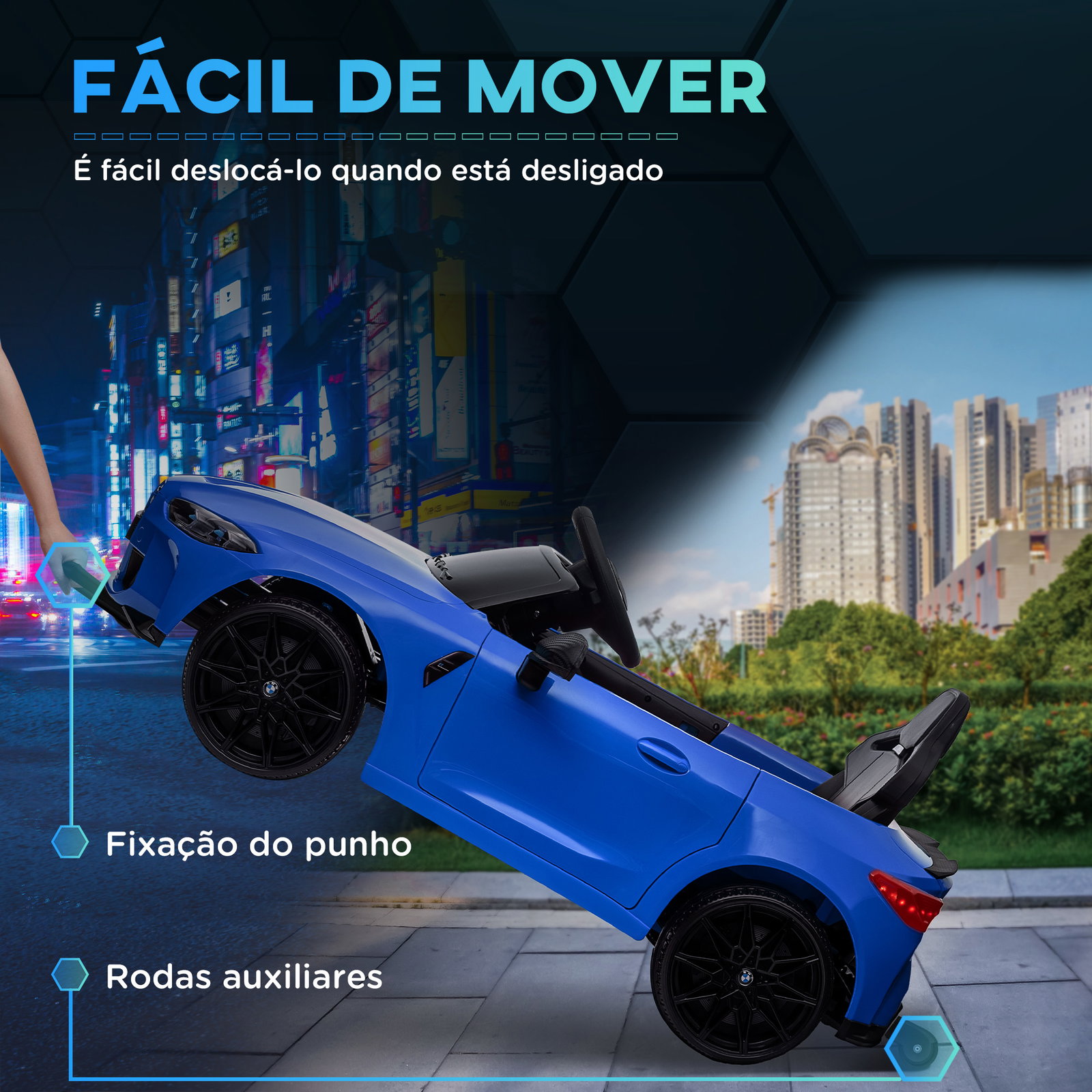 Carro elétrico para crianças bmw m4 12v com controlo remoto faróis buzina música e velocidade 3-5 km/h 108x69,5x51 cm azul