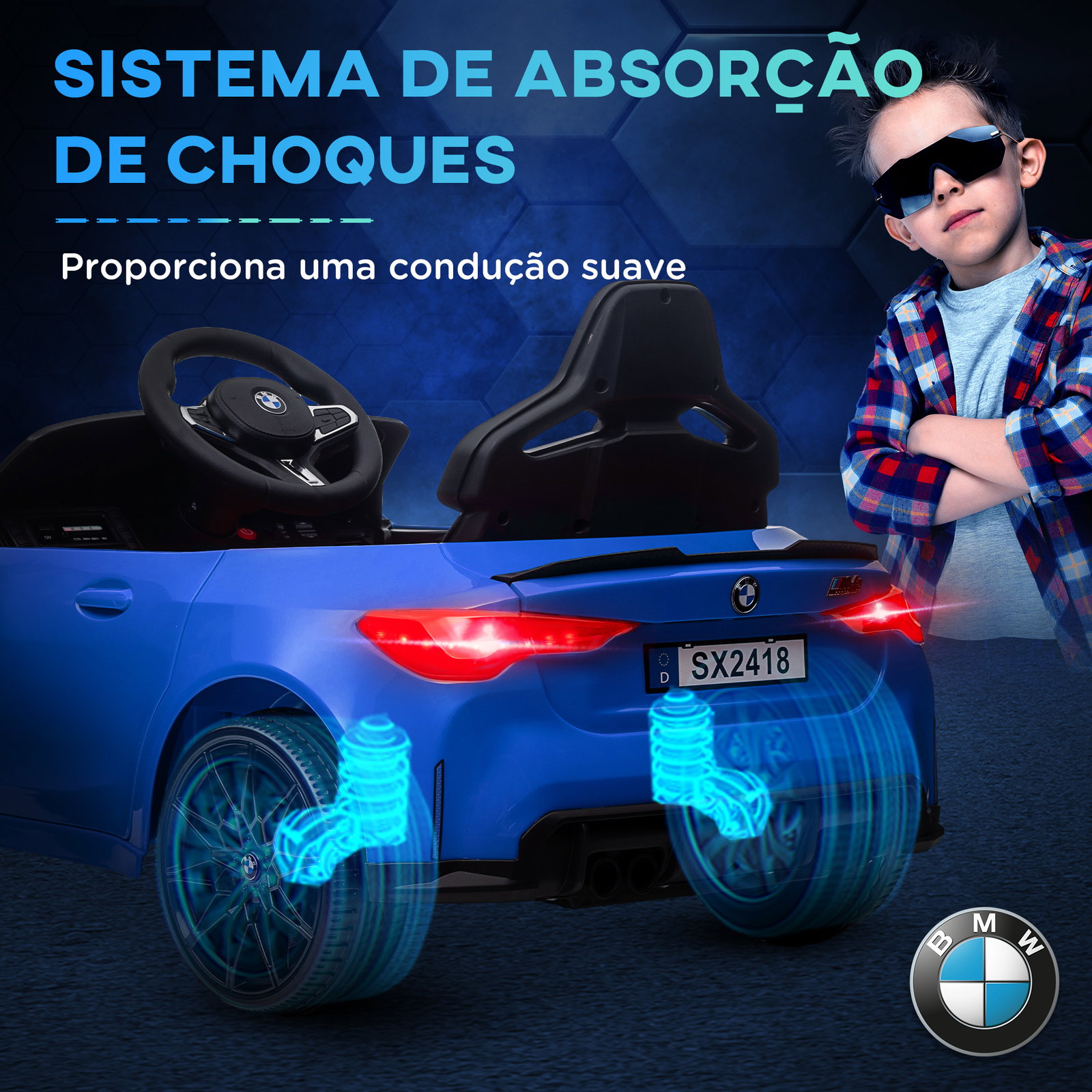 Carro elétrico para crianças bmw m4 12v com controlo remoto faróis buzina música e velocidade 3-5 km/h 108x69,5x51 cm azul