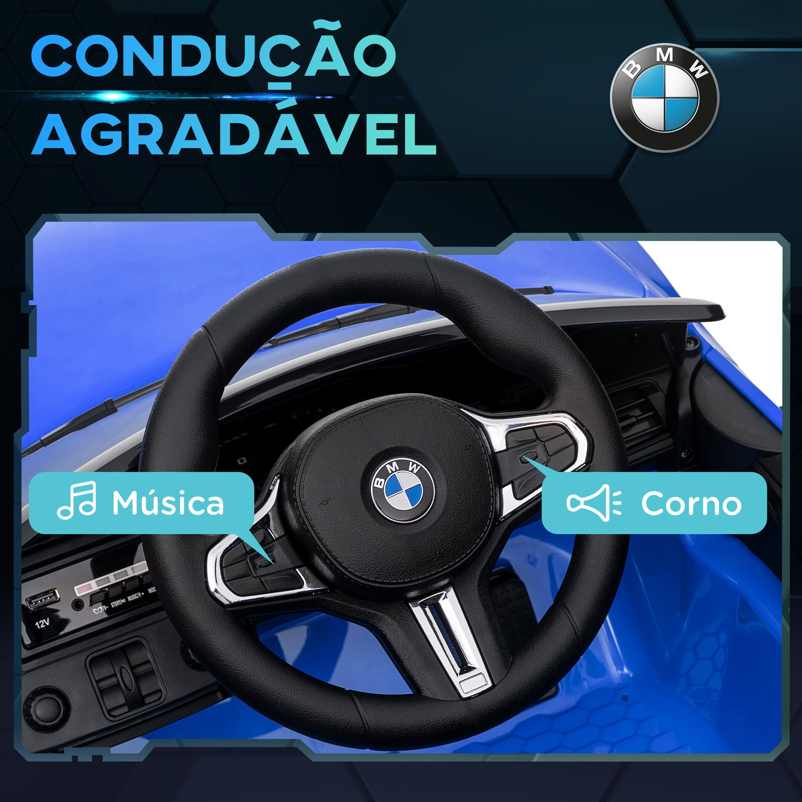 Carro elétrico para crianças bmw m4 12v com controlo remoto faróis buzina música e velocidade 3-5 km/h 108x69,5x51 cm azul