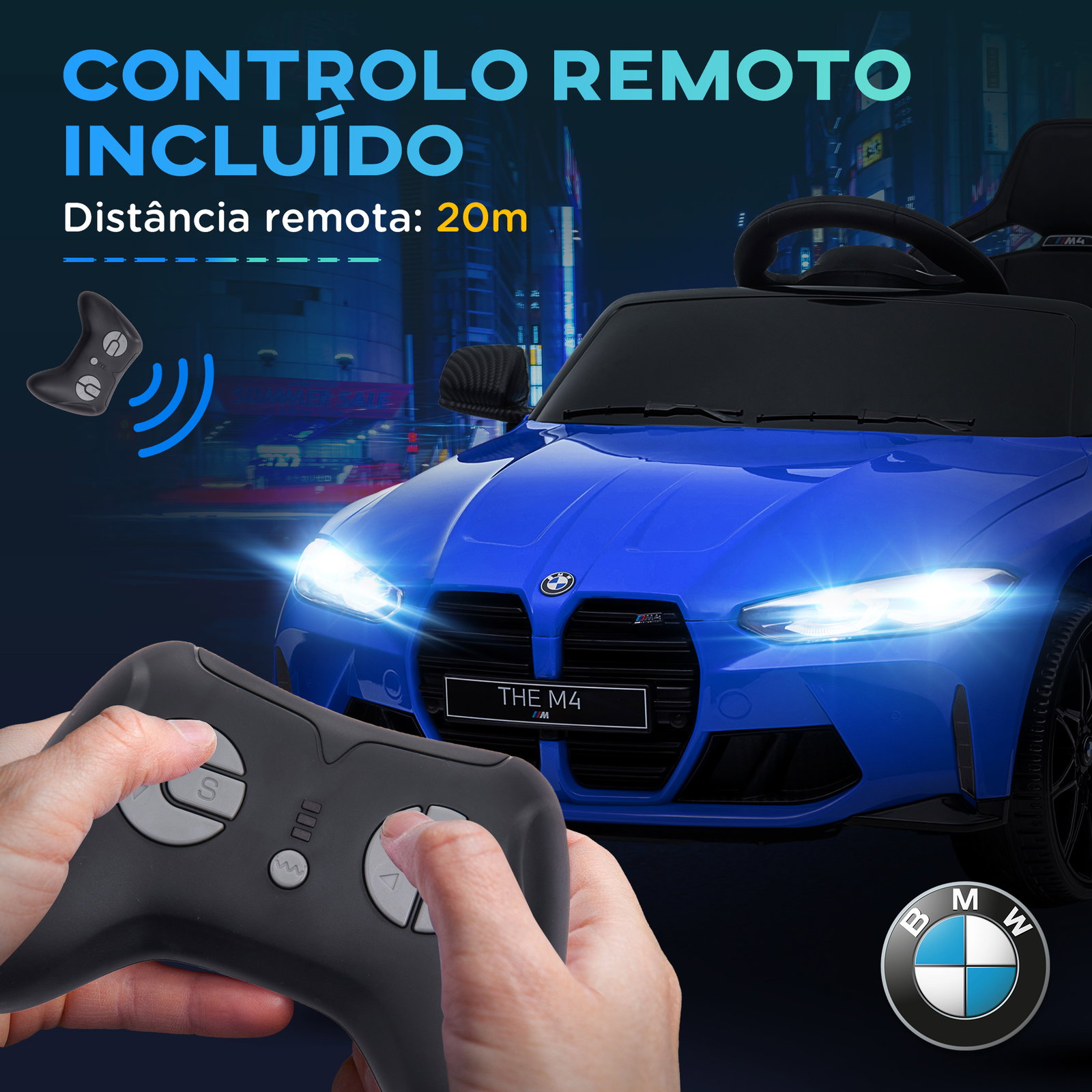 Carro elétrico para crianças bmw m4 12v com controlo remoto faróis buzina música e velocidade 3-5 km/h 108x69,5x51 cm azul