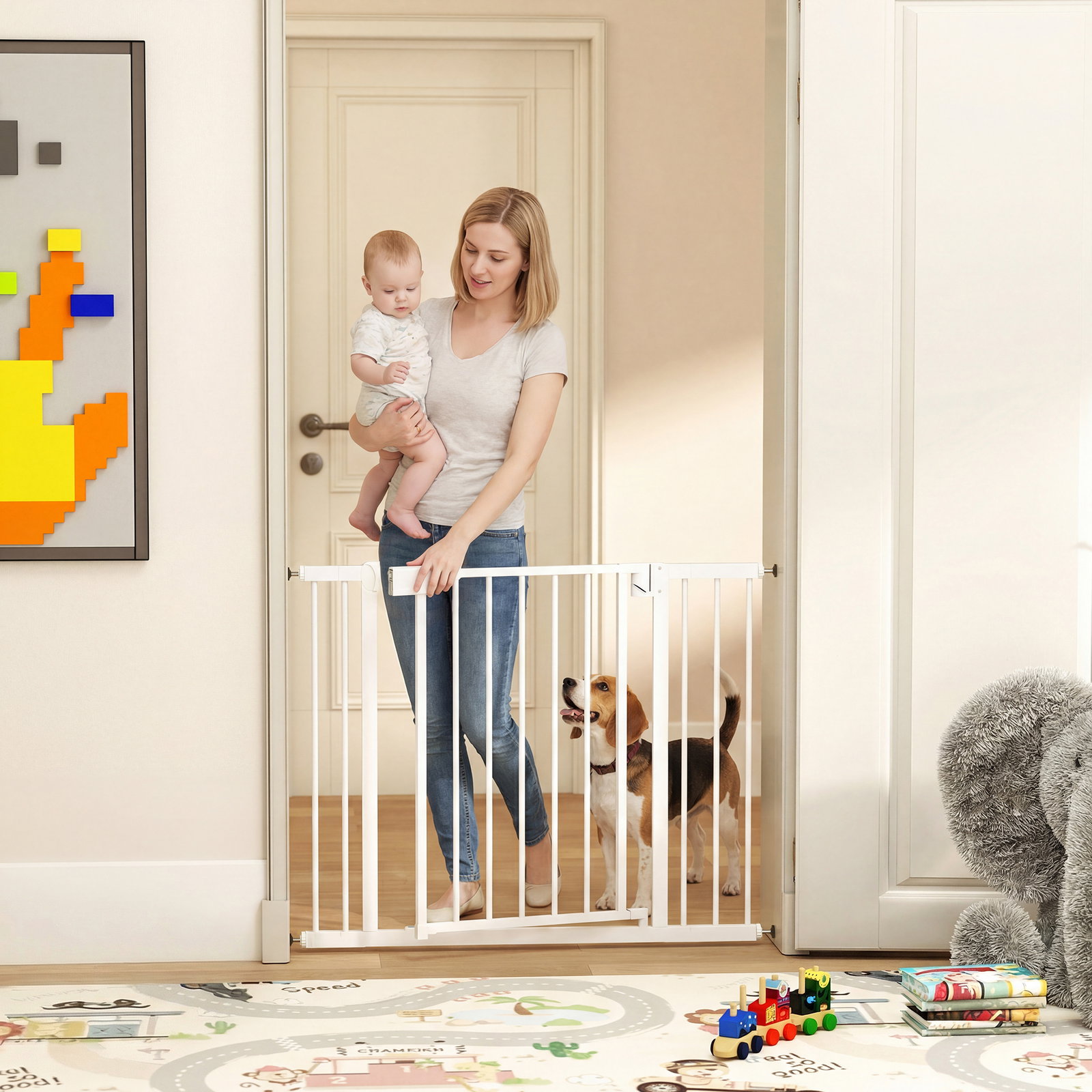 Barreira de segurança para crianças e cães largura 76-103 cm bloqueio duplo fecho automático abertura em dois sentidos e extensões de 7/14 cm branco