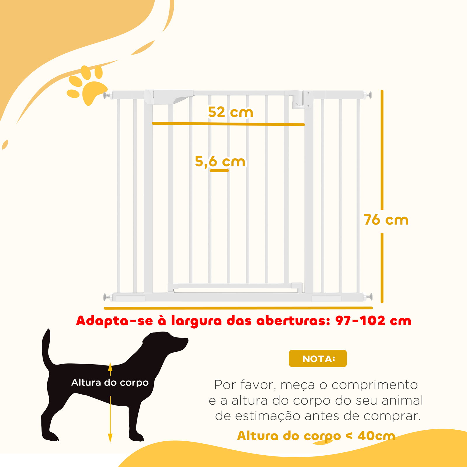 Barreira de segurança para crianças e cães largura 76-103 cm bloqueio duplo fecho automático abertura em dois sentidos e extensões de 7/14 cm branco