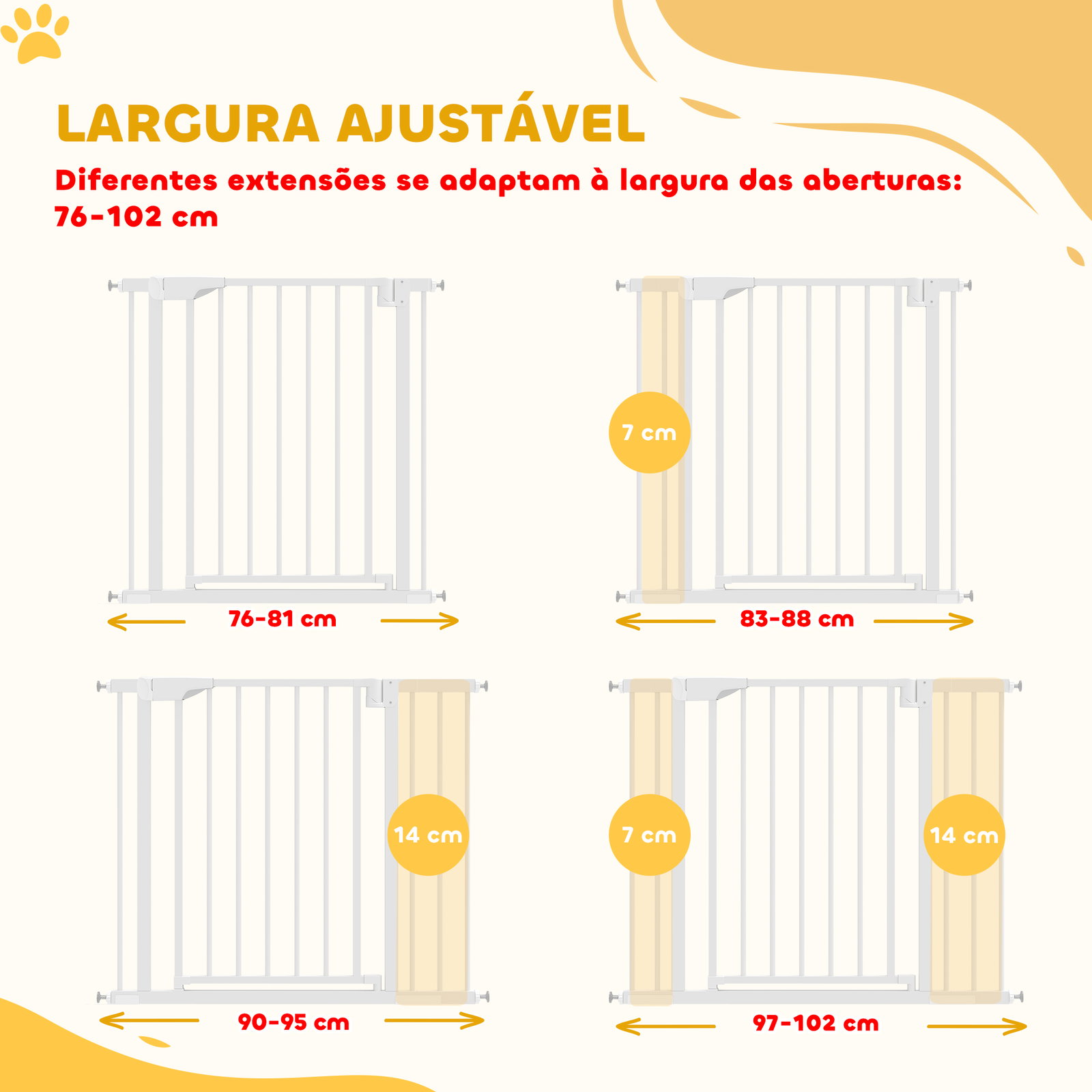 Barreira de segurança para crianças e cães largura 76-103 cm bloqueio duplo fecho automático abertura em dois sentidos e extensões de 7/14 cm branco