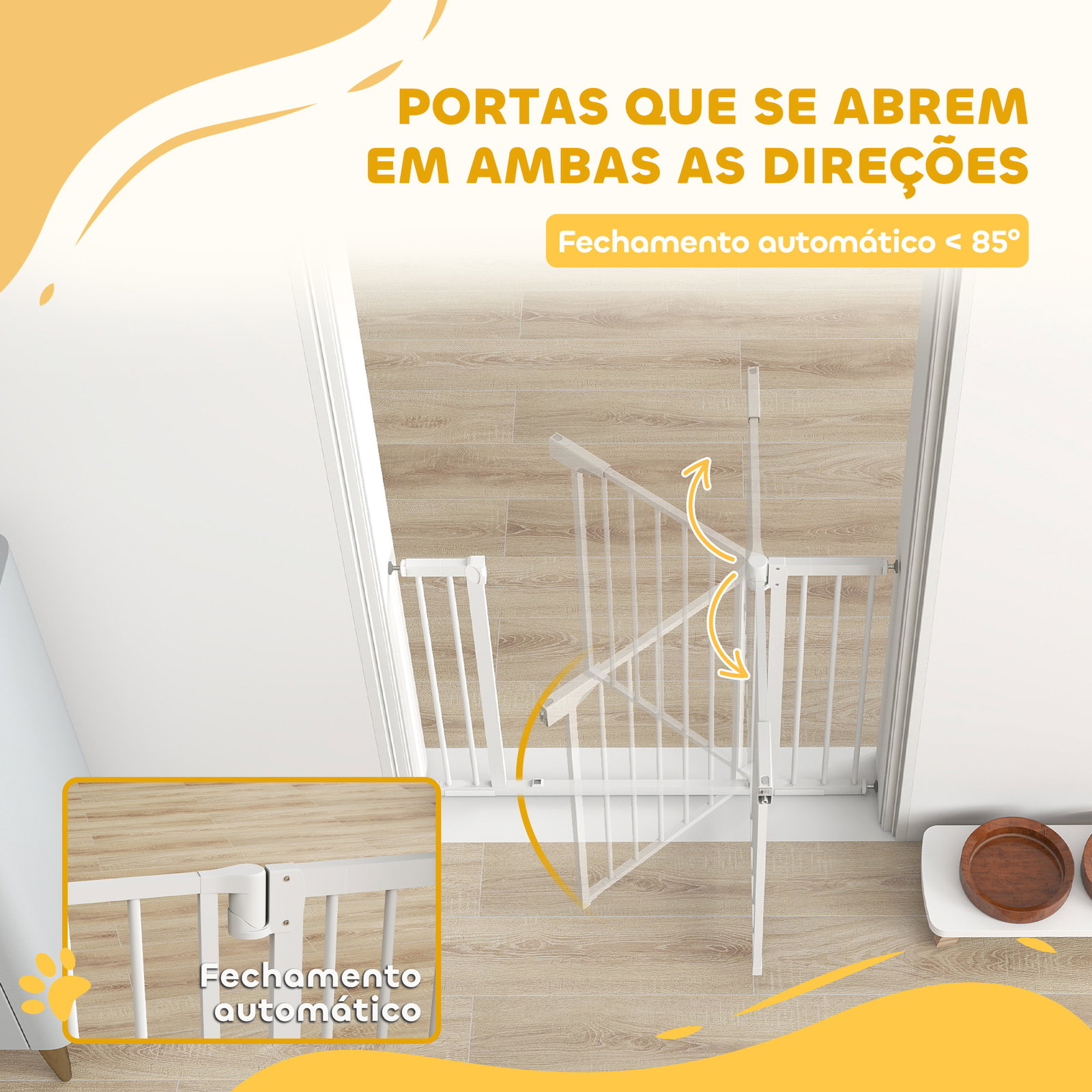 Barreira de segurança para crianças e cães largura 76-103 cm bloqueio duplo fecho automático abertura em dois sentidos e extensões de 7/14 cm branco