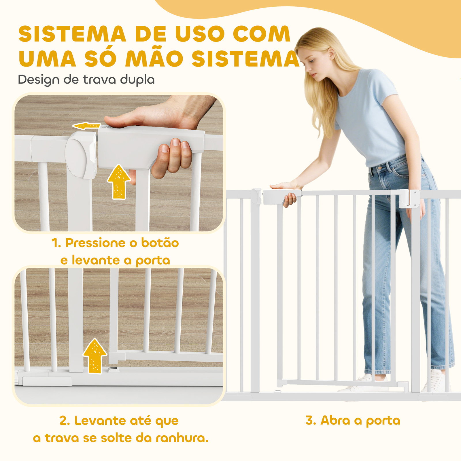 Barreira de segurança para crianças e cães largura 76-103 cm bloqueio duplo fecho automático abertura em dois sentidos e extensões de 7/14 cm branco