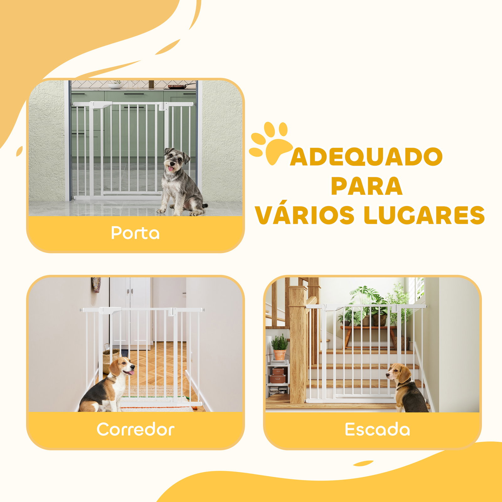 Barreira de segurança para crianças e cães largura 76-103 cm bloqueio duplo fecho automático abertura em dois sentidos e extensões de 7/14 cm branco