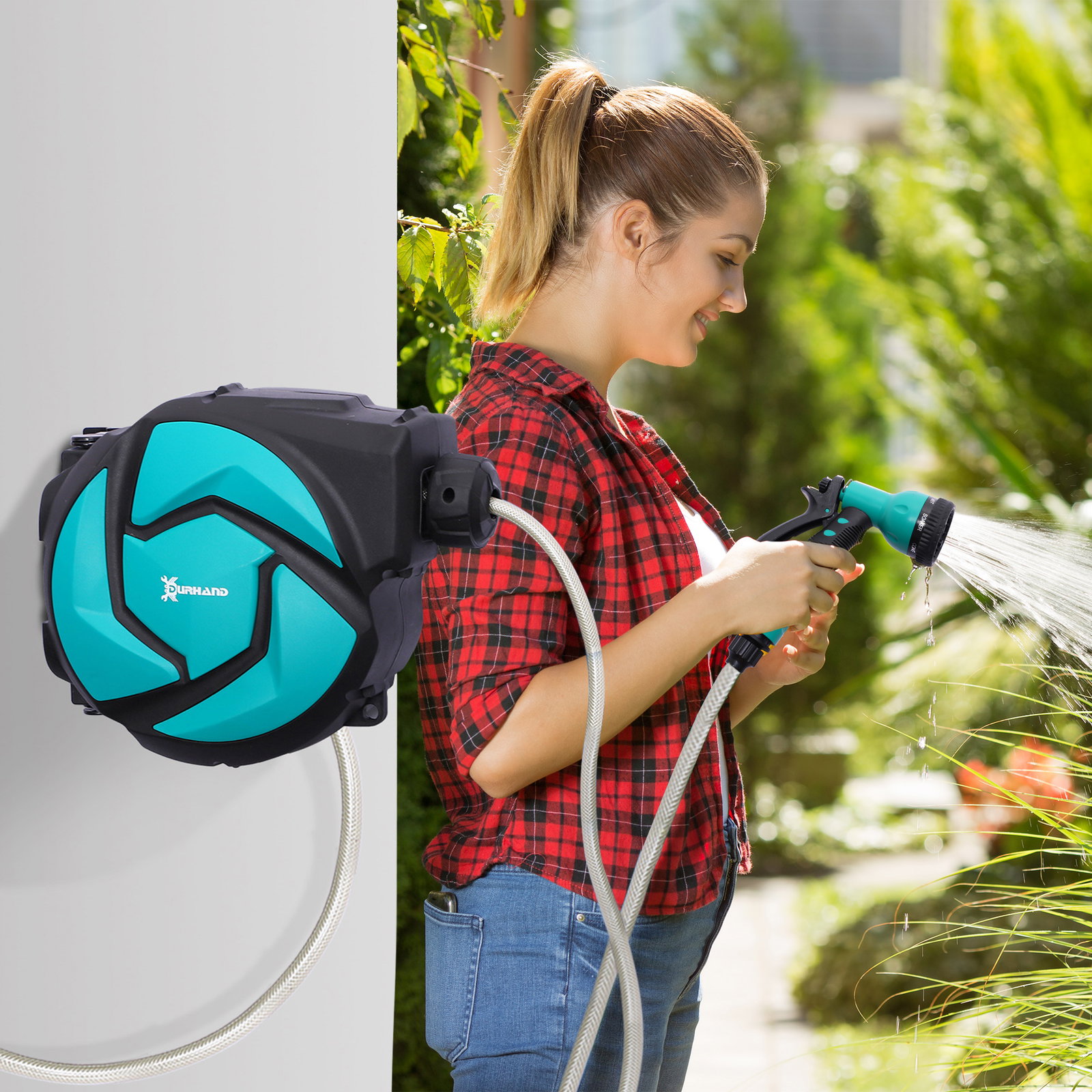 Enrolador de mangueira retrátil 10m com cabeça multifuncional Sistema de enrolamento automático com trava Conector de 1m para gr