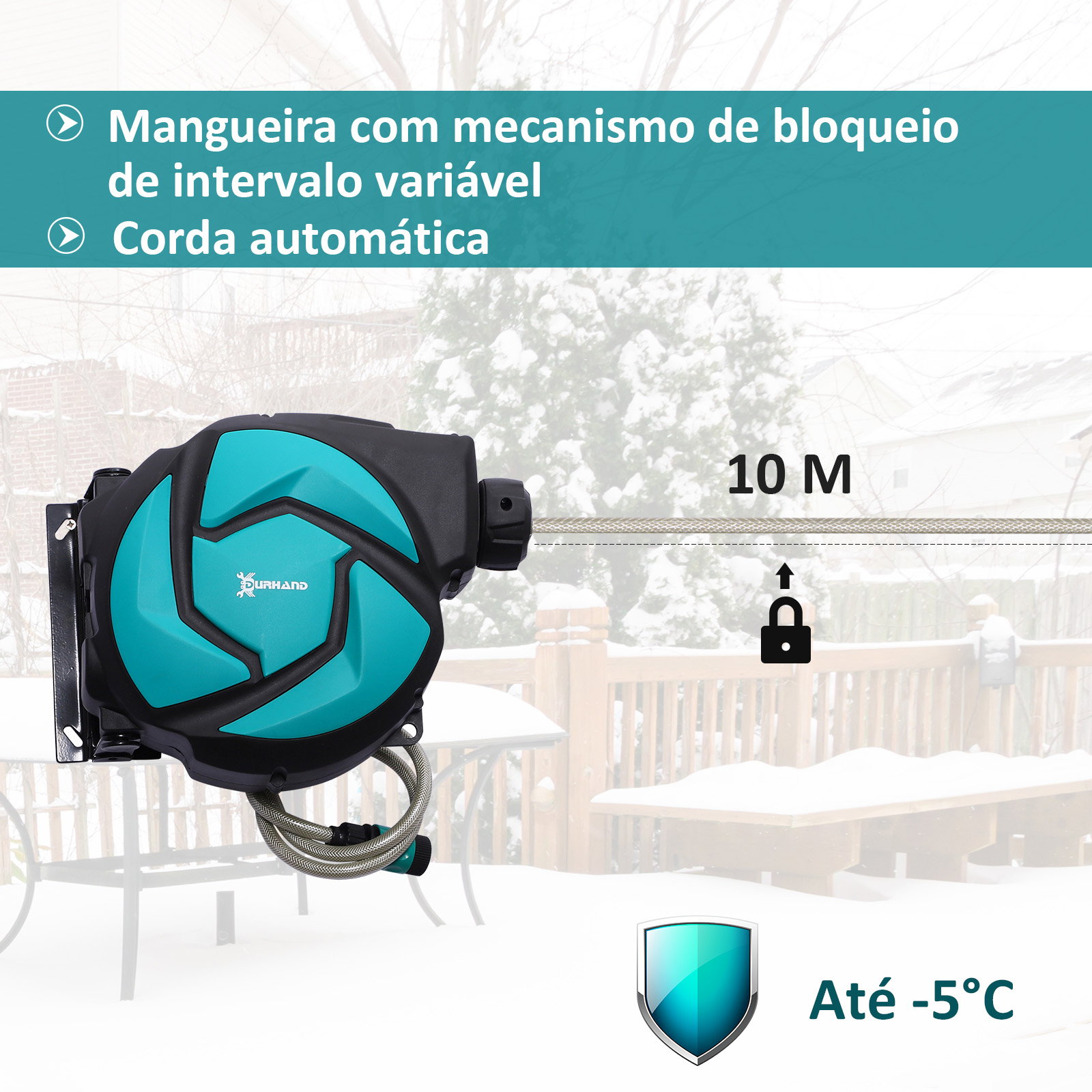 Enrolador de mangueira retrátil 10m com cabeça multifuncional Sistema de enrolamento automático com trava Conector de 1m para gr