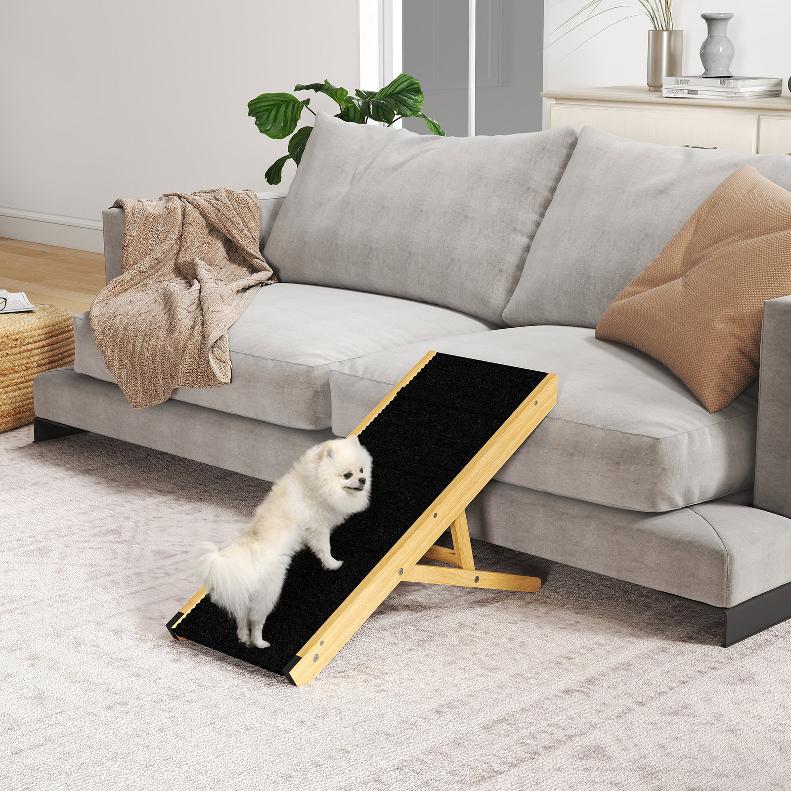 Rampa para animais de estimação de madeira com altura ajustável em 4 níveis para cães pequenos e médios 83,5x35x47,5 cm natural