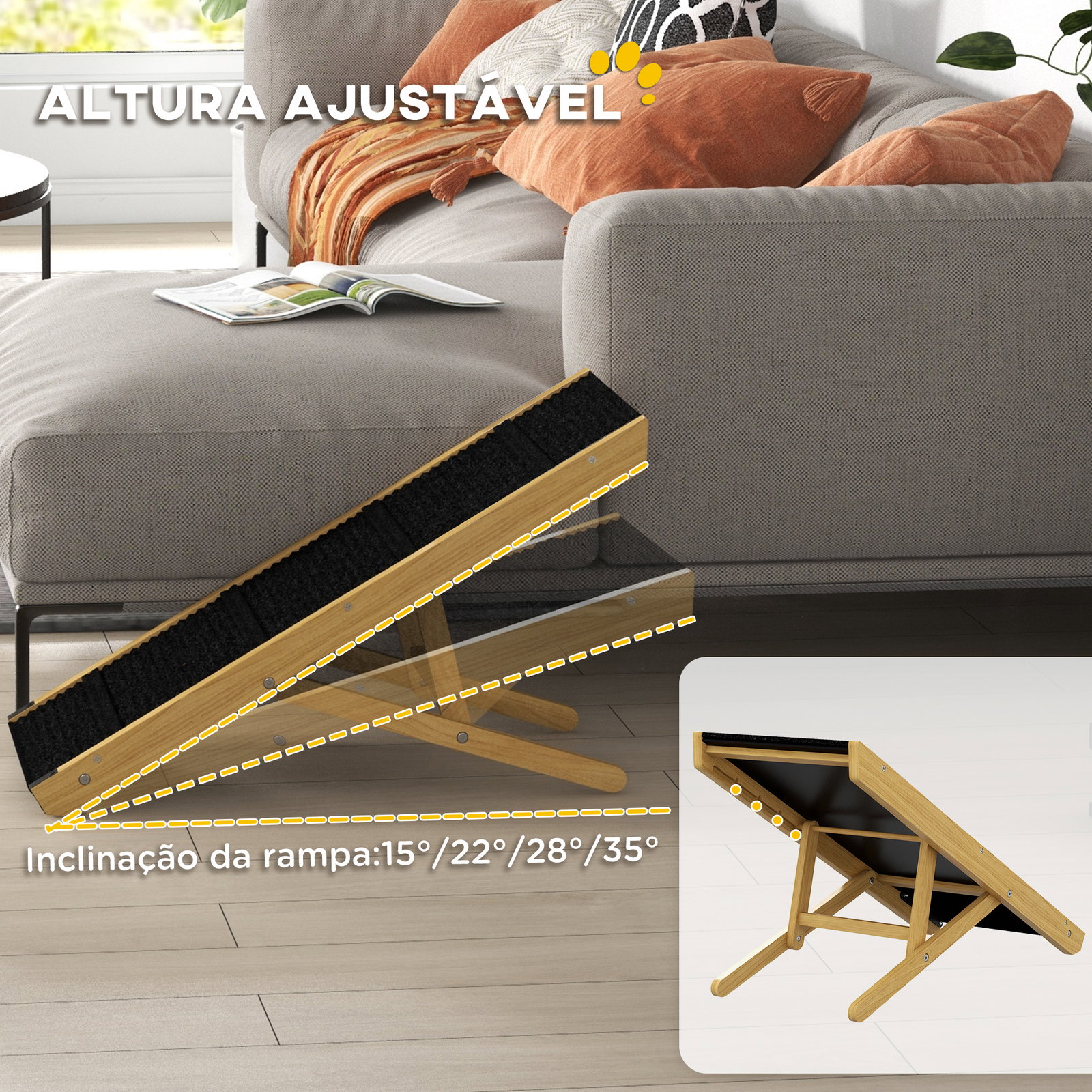 Rampa para animais de estimação de madeira com altura ajustável em 4 níveis para cães pequenos e médios 83,5x35x47,5 cm natural