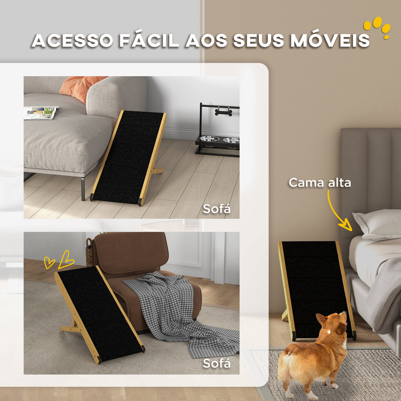 Rampa para animais de estimação de madeira com altura ajustável em 4 níveis para cães pequenos e médios 83,5x35x47,5 cm natural