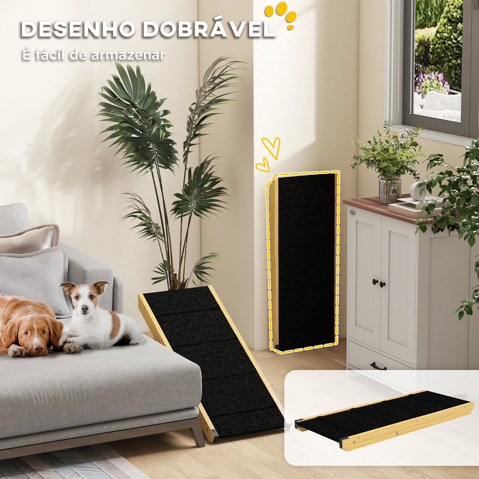 Rampa para animais de estimação de madeira com altura ajustável em 4 níveis para cães pequenos e médios 83,5x35x47,5 cm natural